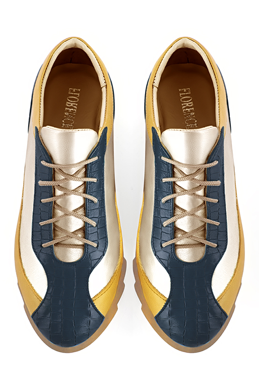 Denim blue, gold and mustard yellow women's three-tone elegant sneakers. Round toe. Low rubber soles. Top view - Florence KOOIJMAN